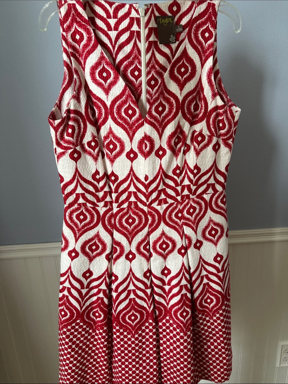 Taylor Red & White Sleeveless A-Line Dress with Geometric Print